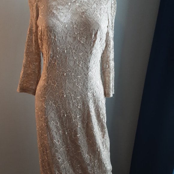 LONDON TIMES Tan Lace Overlay Midi Dress - Picture 2 of 10